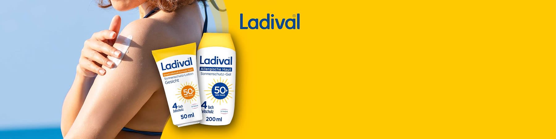 Zwei Ladival Sonnenschutzprodukte auf gelbem Hintergrund, links eine Tube mit der Aufschrift „Empfindliche & Normale Haut Sonnenschutz-Lotion Gesicht 50 ml 50+ sehr hoch 4-fach Zellschutz“, rechts ein Fläschchen mit der Aufschrift „Allergische Haut Sonnenschutz-Gel 200 ml 50+ sehr hoch 4-fach Zellschutz“, oben rechts das Ladival Logo