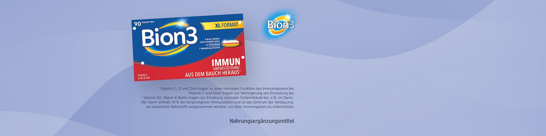 Verpackung von Bion3 Nahrungsmittel zur Unterstützung des Immunsystems. Vitamin C, D und Zink tragen zur normalen Funktion des Immunsystems bei. Vitamin C & Eisen tragen zur Verringerung von Ermüdung bei.