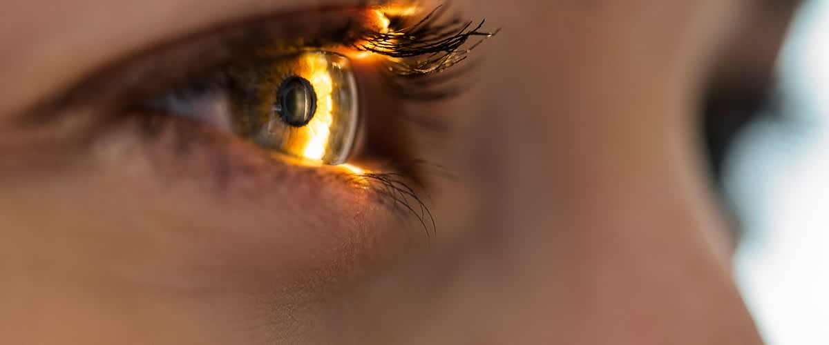 Nahaufnahme eines menschlichen Auges, das von einem hellen Lichtstrahl beleuchtet wird, wodurch die Iris in einem goldenen Farbton erscheint und die Wimpern deutlich hervorgehoben werden