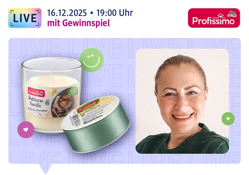 Live am 16.12.2025, 19:00 Uhr: Die Moderatoren Melike und Eric lächeln in die Kamera, daneben Profissimo Duftkerze im Glas Vanille und Profissimo Satinband Salbei, das Profissimo Logo sowie der Hinweis auf ein Gewinnspiel
