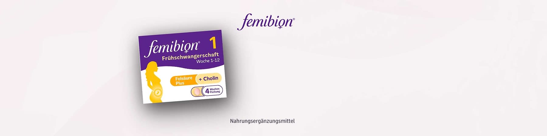 Produktverpackung von Femibion 1 mit violettem und gelbem Design, Aufschrift „Frühschwangerschaft Woche 1-12“, „Folsäure Plus + Cholin“, „4 Wochen Packung“, daneben das Femibion-Logo und der Text „Nahrungsergänzungsmittel“
