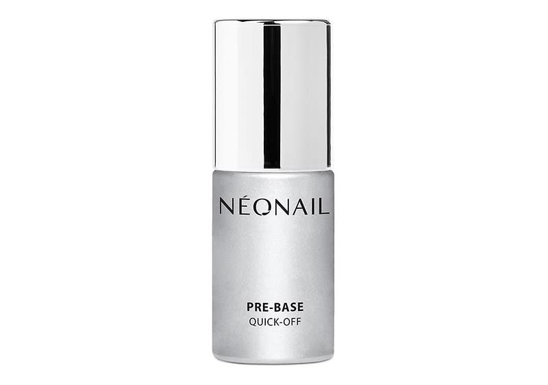 Eine silberne Flasche mit glänzendem Deckel und der Aufschrift „NÉONAIL PRE-BASE QUICK-OFF“