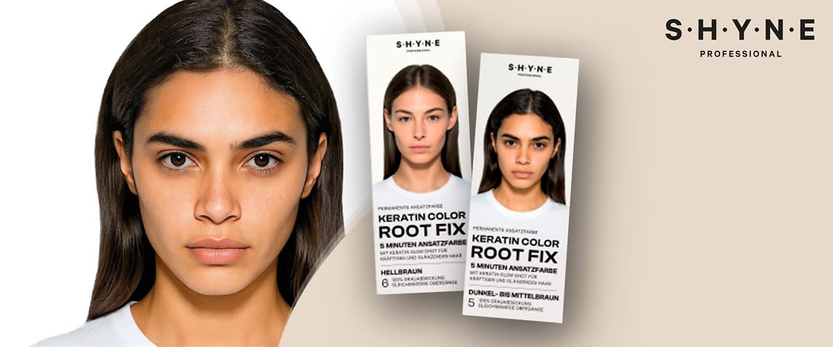Zwei Produktverpackungen der Marke SHYNE Professional zeigen Keratin Color Root Fix in den Farben Hellbraun und Dunkel-Mittelbraun mit der Aufschrift „5 Minuten Ansatzfarbe“