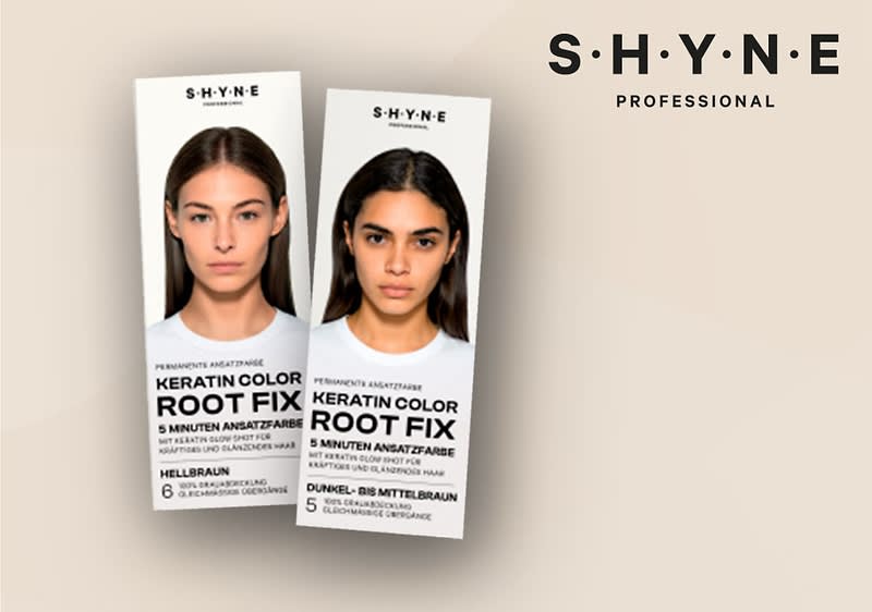 Zwei Produktverpackungen der Marke SHYNE Professional zeigen Haarfärbemittel mit der Aufschrift „Keratin Color Root Fix“ und „5 Minuten Ansatzfarbe“. Eine Verpackung ist für die Farbe Hellbraun und die andere für Dunkel-BB Mittelbraun.