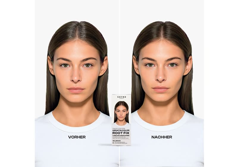 Links eine Person mit der Aufschrift „Vorher“, rechts dieselbe Person mit der Aufschrift „Nachher“, in der Mitte eine Produktverpackung mit der Aufschrift „Root Fix“