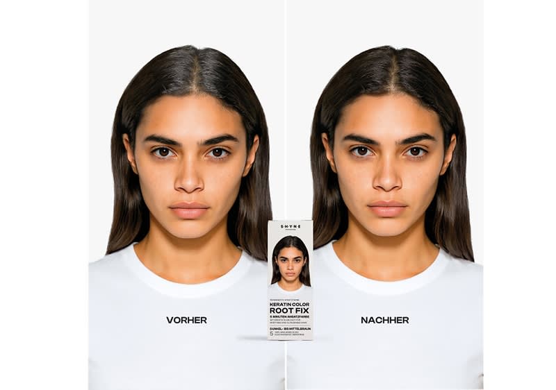 Zwei Bilder nebeneinander zeigen eine Person mit einem weißen T-Shirt, auf dem links „VORHER“ und rechts „NACHHER“ steht, zwischen den Bildern eine Produktverpackung mit der Aufschrift „ROOT FIX“