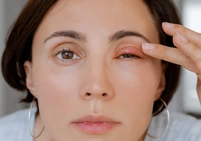 Eine schwarzhaarige Frau ist in Nahaufnahme zu sehen. Sie betastet mit der linken Hand ihr linkes Auge an dem ein Gerstenkorn zu sehen ist.