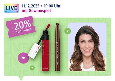 Live am 04.12.2025, 19:00 Uhr: Moderatorin fraubeauty lächelt in die Kamera, daneben verschiedene Beauty und Make-up Produkte sowie 20 % Coupon und Hinweis auf ein Gewinnspiel