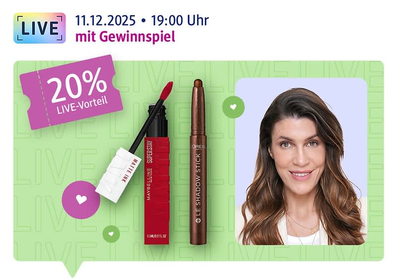 Live am 04.12.2025, 19:00 Uhr: Moderatorin fraubeauty lächelt in die Kamera, daneben verschiedene Beauty und Make-up Produkte sowie 20 % Coupon und Hinweis auf ein Gewinnspiel