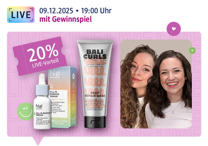 Live am 09.12.2025, 19:00 Uhr: Die Moderatorinnen Lena und Karla lächeln in die Kamera, daneben verschiedene Produkte sowie ein 20 % Coupon und Hinweis auf ein Gewinnspiel