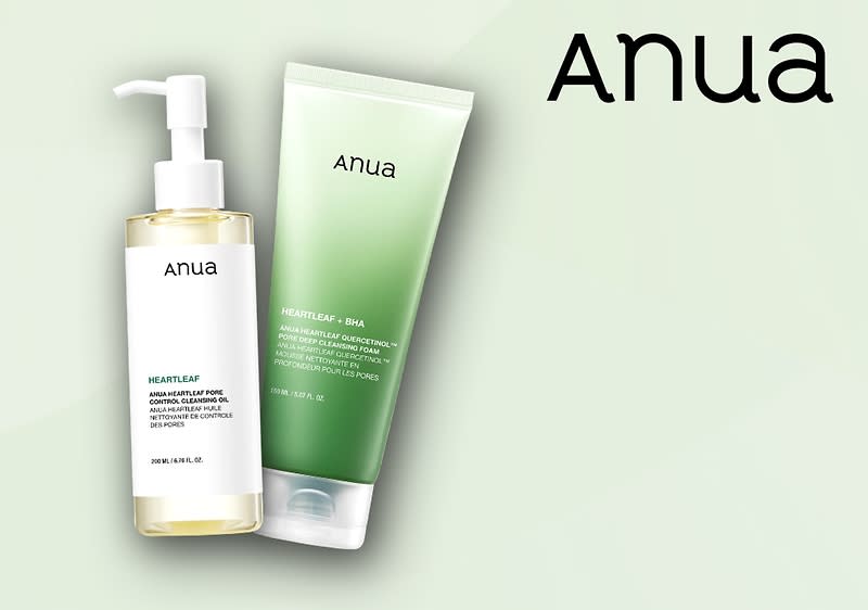 Zwei Anua-Produkte, links der Pumpspender vom Reinigungsöl Heartleaf und die grüne Tube des Reinigungsschaum Heartleaf Cleansing Foam Quer