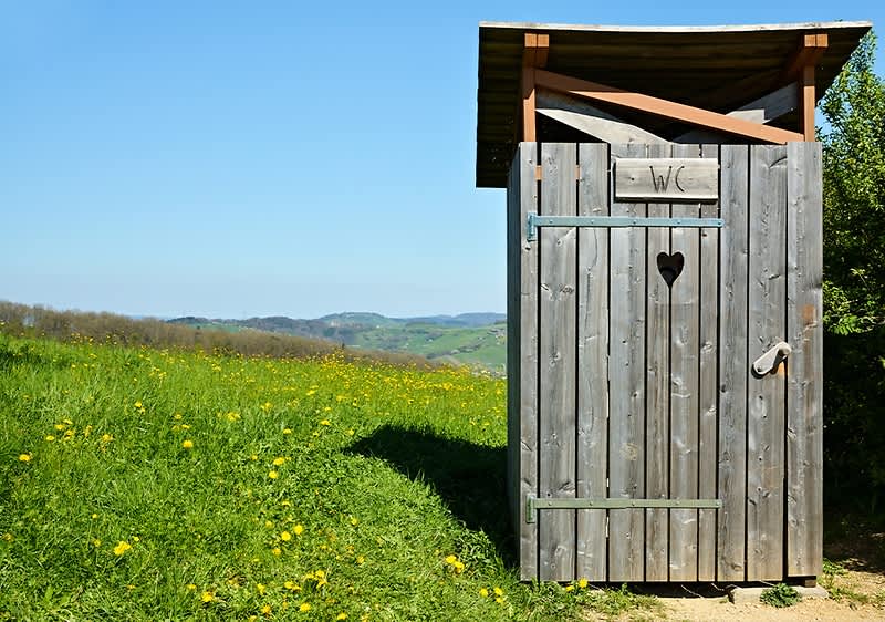 Eine einfache Holzhütte als Außen-Toilette mit ausgeschnittenem Herz im Türblatt und der Aufschrift „WC“ über der Tür, stehend auf einer sonnigen Wiese mit gelben Blumen und hügeliger Landschaft im Hintergrund