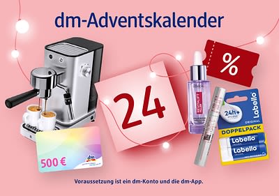 Eine Collage mit einer silbernen Espressomaschine, zwei gefüllten Tassen, einem roten Rabattzeichen, einem 500-Euro-Geschenkgutschein, einem Lippenpflegestift von Labello, einem Doppelpack Labello und einem Fläschchen mit Pipette. Oben steht „dm-Adventskalender“, unten der Hinweis auf dm-Konto und dm-App erforderlich