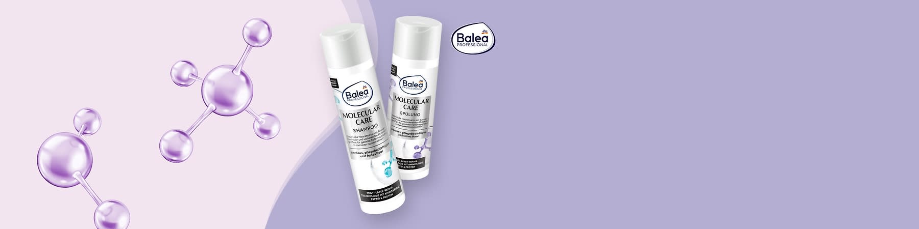 Drei weiße Flaschen der Marke Balea Professional mit der Aufschrift „Molecular Care“ für Shampoo, Spülung und Haarkur auf einem lila Hintergrund mit Molekül-Illustrationen