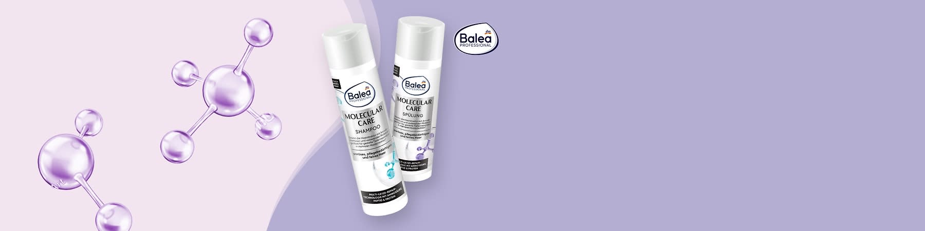 Drei weiße Flaschen der Marke Balea Professional mit der Aufschrift „Molecular Care“ für Shampoo, Spülung und Haarkur auf einem lila Hintergrund mit Molekül-Illustrationen