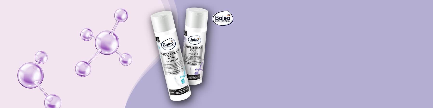 Drei weiße Flaschen der Marke Balea Professional mit der Aufschrift „Molecular Care“ für Shampoo, Spülung und Haarkur auf einem lila Hintergrund mit Molekül-Illustrationen