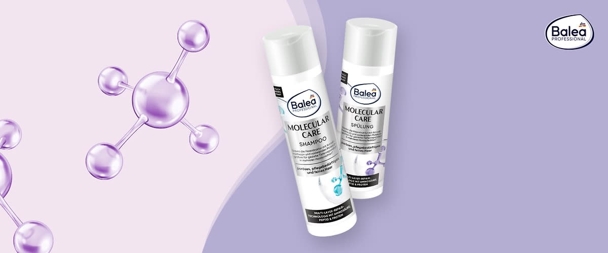 Zwei weiße Flaschen der Marke Balea Professional mit der Aufschrift „Molecular Care Shampoo“ und „Molecular Care Spülung“ vor einem Hintergrund mit lilafarbenen Molekülstrukturen