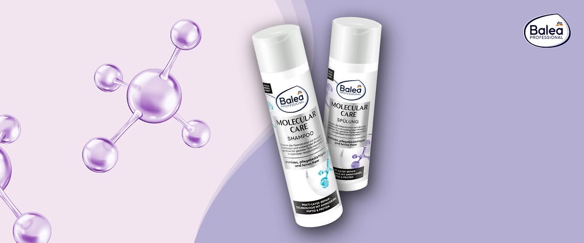 Zwei weiße Flaschen der Marke Balea Professional mit der Aufschrift „Molecular Care Shampoo“ und „Molecular Care Spülung“ vor einem Hintergrund mit lilafarbenen Molekülstrukturen