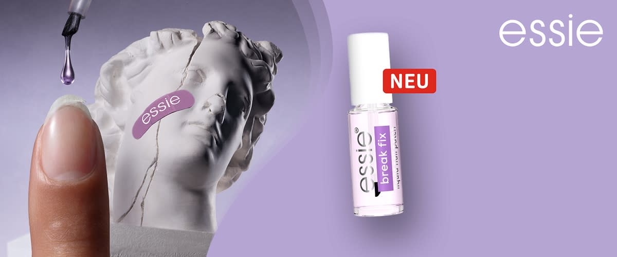 Eine lilafarbene Nagellackflasche der Marke Essie mit der Aufschrift „break fix“ steht vor einer weißen Büste mit einem lila Essie-Pflaster über einem Riss im Gesicht