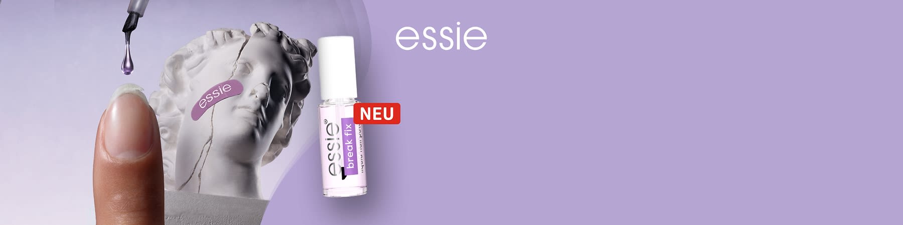Eine Flasche Essie break fix Nagelpflege steht vor einer weißen Büste mit einem Essie-Pflaster auf einem Riss auf der Wange