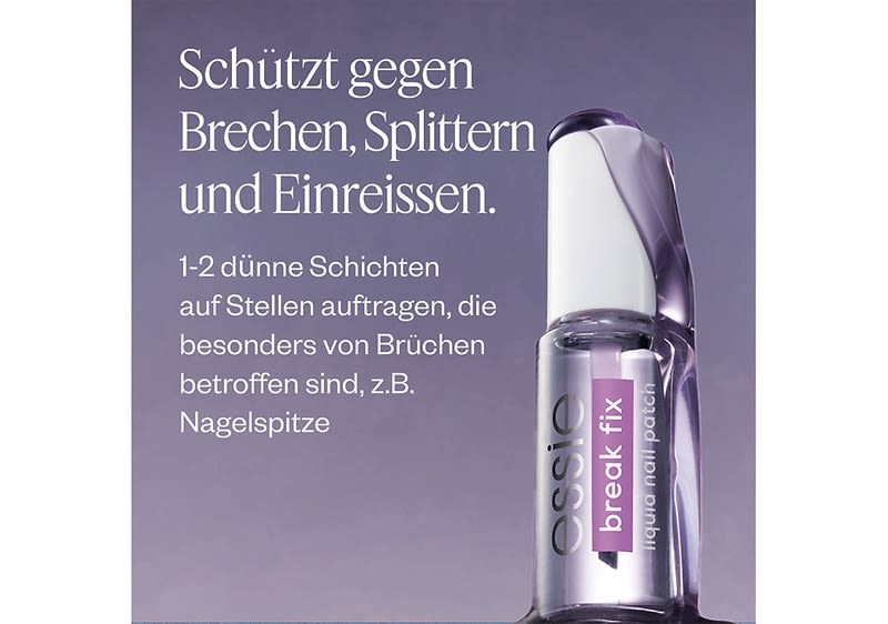 Eine Produktverpackung mit einer transparenten Flasche, die die Aufschrift „essie break fix“ trägt. Der Hintergrund zeigt den Text „Schützt gegen Brechen, Splittern und Einreißen. 1-2 dünne Schichten auf Stellen auftragen, die besonders von Brüchen betroffen sind, z.B. Nagelspitze“