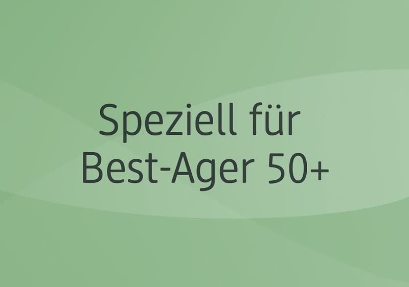 Der Text „Speziell für Best-Ager 50+“ steht in schwarzer Schrift auf einem hellgrünen Hintergrund