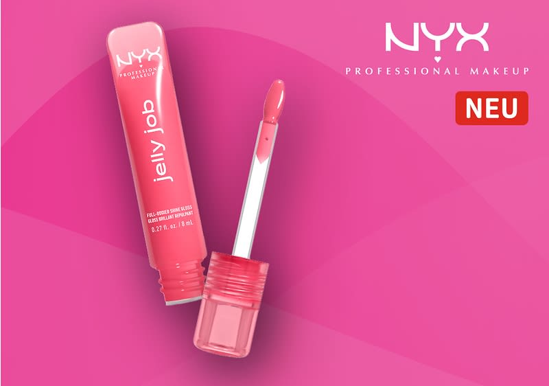 Eine rosa Lipgloss-Verpackung mit der Aufschrift „jelly jab“ und einem geöffneten Applikator, daneben das Logo von NYX Professional Makeup und ein rotes Rechteck mit der Aufschrift „NEU“
