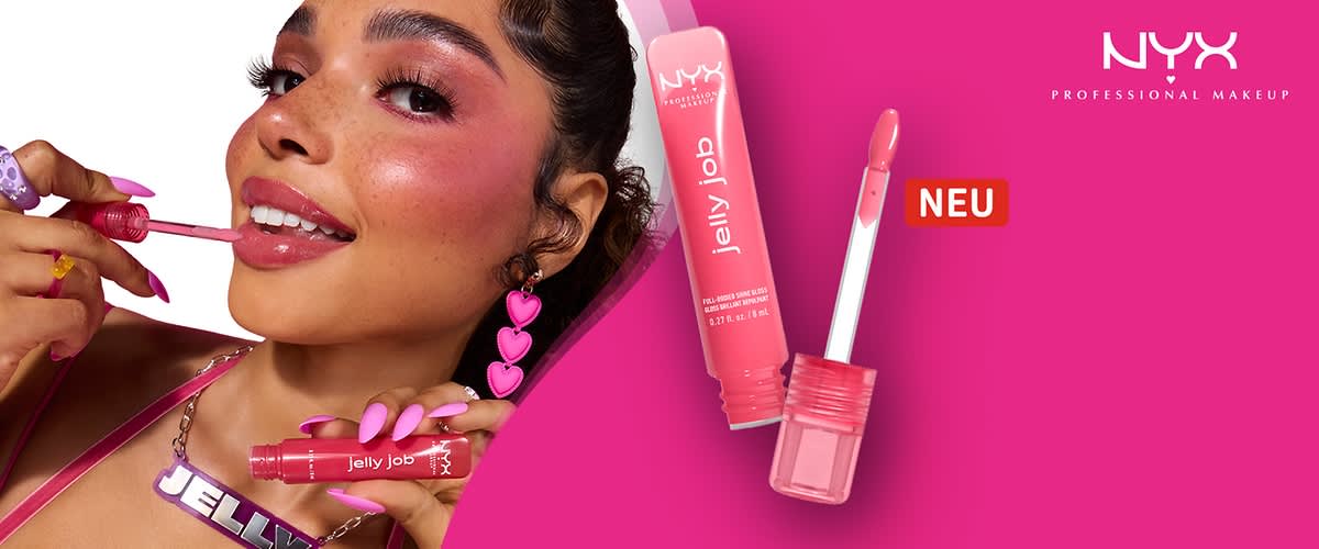 Eine rosa Lipgloss-Verpackung mit der Aufschrift „jelly jab“ und einem geöffneten Applikator, daneben das Logo von NYX Professional Makeup und ein rotes Rechteck mit der Aufschrift „NEU“