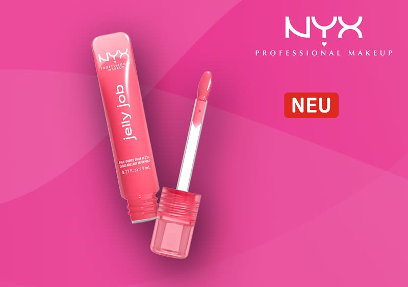 Eine rosa Lipgloss-Verpackung mit der Aufschrift „jelly job“ und einem Applikator daneben, das Logo von NYX Professional Makeup oben rechts, daneben ein rotes Quadrat mit der Aufschrift „NEU“