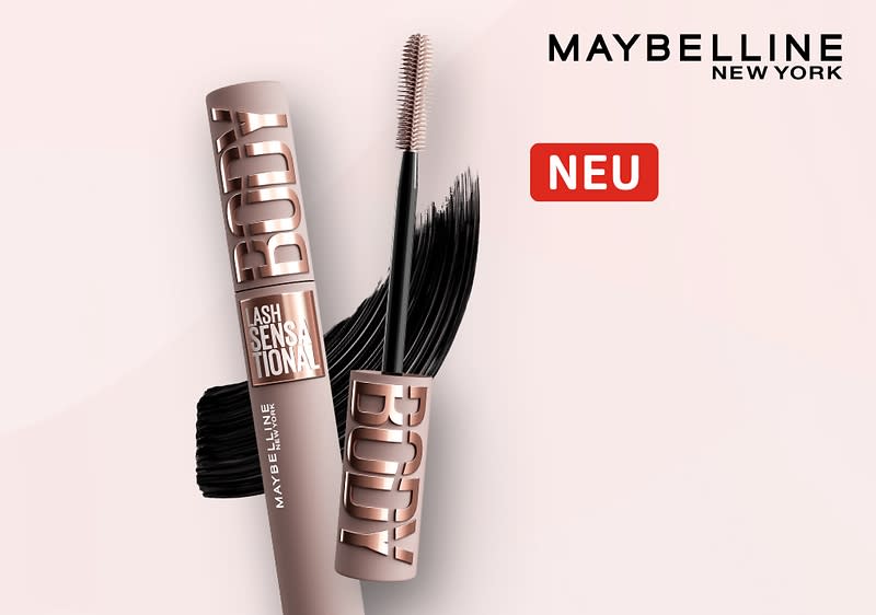 Eine Mascara von Maybelline New York mit der Aufschrift „Lash Sensational Body“ und einem Bürstchen, daneben ein rotes Rechteck mit dem Wort „NEU“