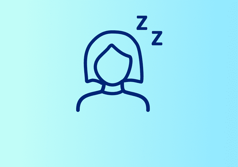 Eine Illustration im minimalistischen Stil zeigt eine Person mit schulterlangem Haar, über deren Kopf drei Z-Z-Z-Schriftzeichen schweben, die Schlaf symbolisieren