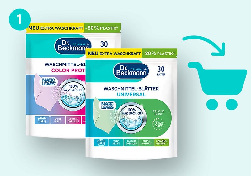 Zwei Verpackungen von Dr. Beckmann Waschmittel-Blättern, links Color Protection mit rosa und blauer Gestaltung, rechts Universal mit grüner und blauer Gestaltung, beide mit der Aufschrift „NEU EXTRA WASCHKRAFT - 80% PLASTIK“