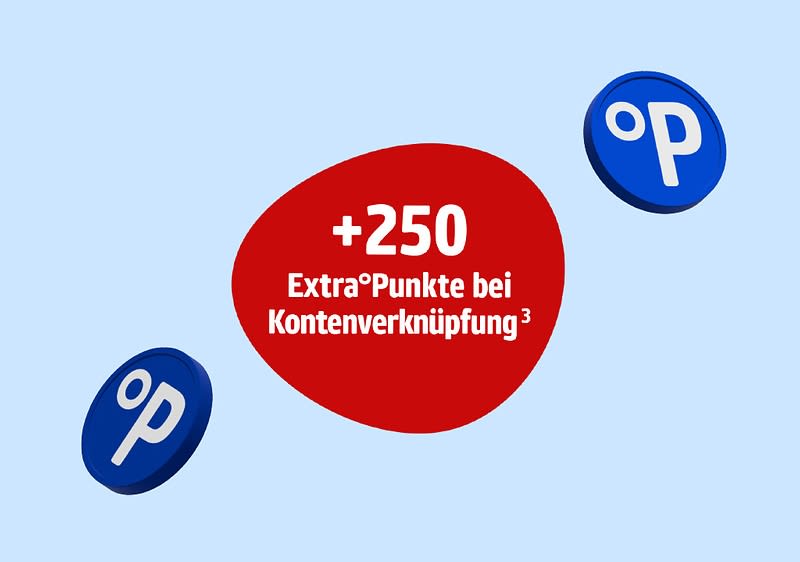 Roter Kreis mit weißem Text „+250 Extra°Punkte bei Kontenverknüpfung“, daneben zwei blaue runde Symbole mit weißem „°P“