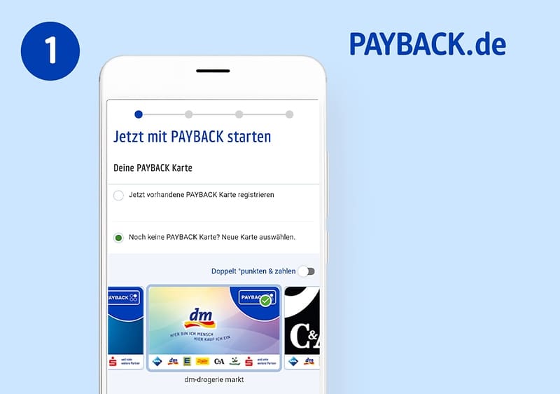 Ein Smartphone-Bildschirm zeigt die PAYBACK-Registrierungsseite mit der Option, eine PAYBACK-Karte zu registrieren, darunter sind verschiedene PAYBACK-Karten abgebildet, oben rechts steht „PAYBACK.de“ auf blauem Hintergrund