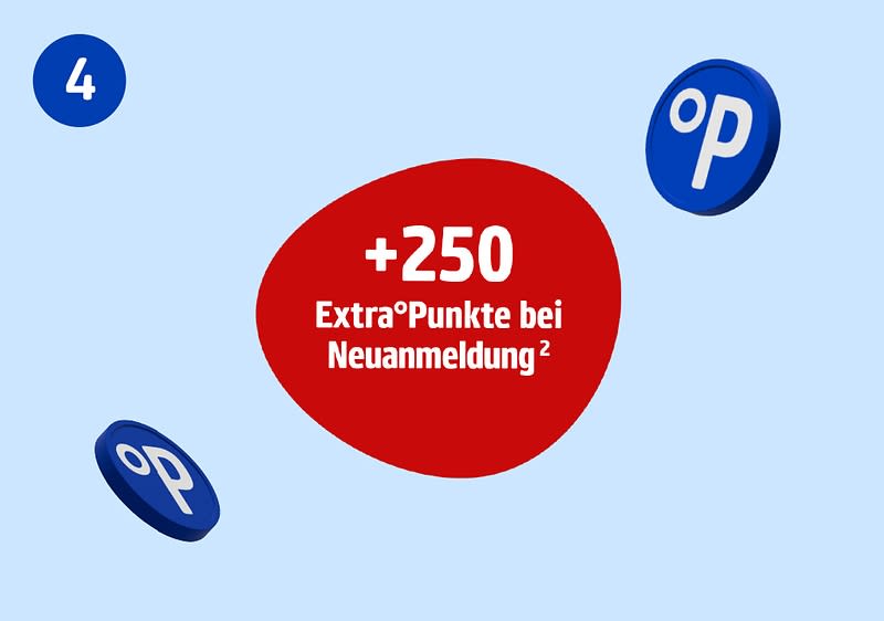 Ein roter Kreis mit weißem Text „+250 Extra°Punkte bei Neuanmeldung²“, umgeben von drei blauen Kreisen mit weißem „°P“-Logo und einer weißen Zahl „4“ in einem blauen Kreis