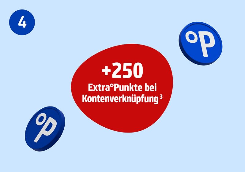 Ein rotes Oval mit weißem Text „+250 Extra°Punkte bei Kontenverknüpfung“ umgeben von drei blauen Kreisen mit dem weißen „°P“-Symbol auf hellblauem Hintergrund