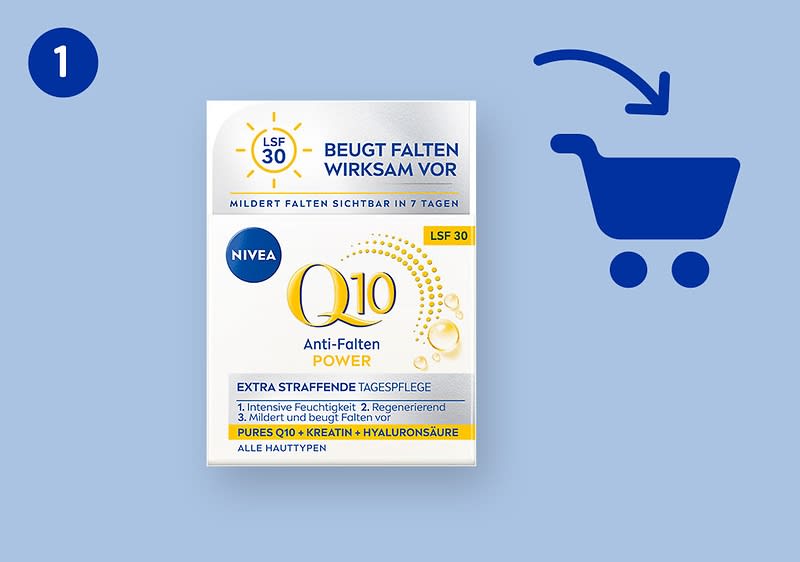 Produktverpackung der Nivea Q10 Anti-Falten Power Tagespflege mit LSF 30, weißer Hintergrund, blaue und goldene Schrift, Aufschrift „Beugt Falten wirksam vor“, „Mildert Falten sichtbar in 7 Tagen“, „Extra straffende Tagespflege“, „Pures Q10 + Kreatin + Hyaluronsäure“, daneben ein Einkaufswagensymbol
