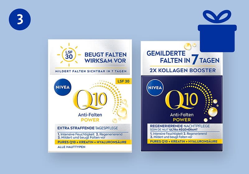 Zwei NIVEA Q10 Anti-Falten Power Produktverpackungen auf blauem Hintergrund, links Tagespflege mit Aufschrift „Beugt Falten wirksam vor“ und rechts Nachtpflege mit Aufschrift „Gemilderte Falten in 7 Tagen“