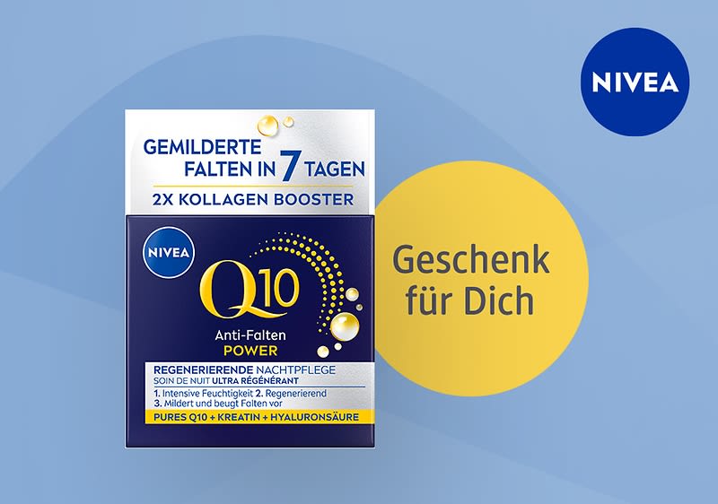 Produktverpackung der Nivea Q10 Anti-Falten Power Nachtpflege mit Aufschrift „Gemilderte Falten in 7 Tagen“, „2x Kollagen Booster“, „Regenerierende Nachtpflege“, „Pur Q10 + Kreatin + Hyaluronsäure“ und „Geschenk für Dich“ auf gelbem Kreis