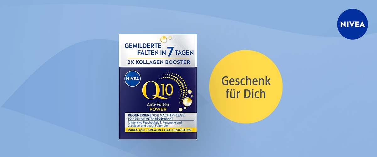 Produktverpackung der Nivea Q10 Anti-Falten Power Nachtpflege mit Aufschrift „Gemilderte Falten in 7 Tagen“, „2x Kollagen Booster“, „Regenerierende Nachtpflege“, „Pur Q10 + Kreatin + Hyaluronsäure“ und „Geschenk für Dich“ auf gelbem Kreis