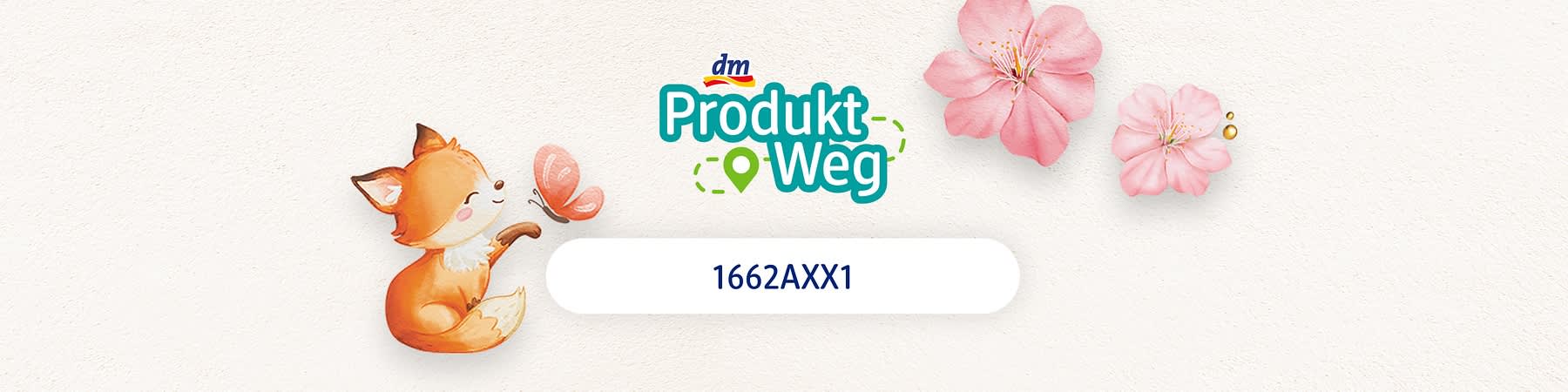 Bunter Schriftzug „dm Produkt-Weg“ mit grünem Standort-Piktogramm, links eine kleine orange-weiße Fuchs-Illustration, rechts zwei rosa Blüten, darunter ein weißes abgerundetes Feld mit dem Code „1662AXX1“