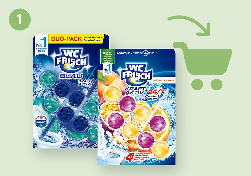 Zwei WC Frisch Verpackungen auf einem hellgrünen Hintergrund, links eine blaue Packung mit der Aufschrift „Duo-Pack Blau“, rechts eine Packung mit der Aufschrift „Frischezauber“, daneben ein Einkaufswagensymbol
