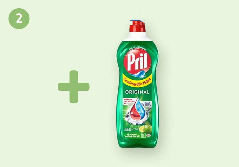 Eine grüne Flasche Pril Spülmittel mit rotem Verschluss, Aufschrift „Original“, daneben eine Limette und ein grüner Apfel sowie ein Wassertropfen, links eine grüne Zahl 2 und ein Pluszeichen