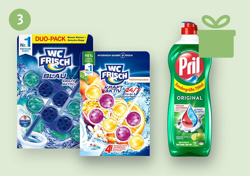 Eine Packung WC Frisch Blau Duo-Pack mit blauen und grünen Kugeln, daneben eine Packung WC Frisch Kraft Aktiv 24/7 mit lila und gelben Kugeln, rechts eine Flasche Pril Original Spülmittel mit grünem Apfelmotiv