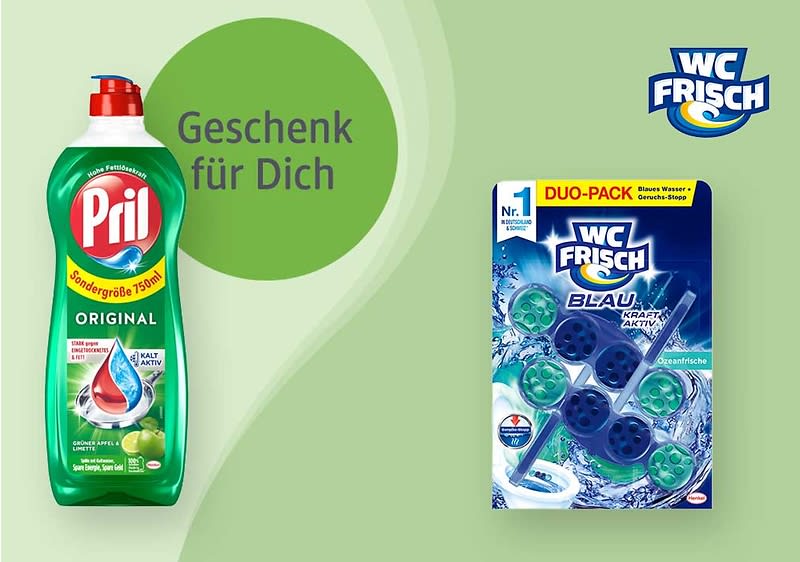 Eine grüne Spülmittelflasche von Pril mit rotem Deckel und der Aufschrift „Original“ neben einer Verpackung von WC Frisch Blau Duo-Pack mit blauen WC-Reinigungs-Tabs. Dazwischen steht „Geschenk für Dich“.