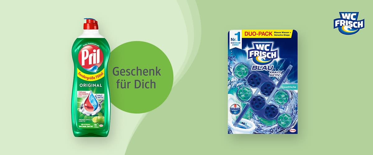 Eine grüne Spülmittelflasche von Pril mit rotem Deckel und der Aufschrift „Original“ neben einer Verpackung von WC Frisch Blau Duo-Pack mit blauen WC-Reinigungs-Tabs. Dazwischen steht „Geschenk für Dich“.