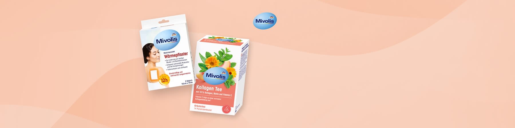 Zwei Mivolis-Produkte vor einem hellen Hintergrund, links eine Verpackung für Wärmepflaster mit der Aufschrift „Wärmepflaster, 12h, 3 Stück, 13 x 10 cm“ und rechts eine Verpackung für Kollagen Tee mit der Aufschrift „Kollagen Tee mit 10 % Kollagen, Biotin und Vitamin C, Kräutertee, 14 Portionsbeutel“ sowie das Mivolis-Logo oben rechts
