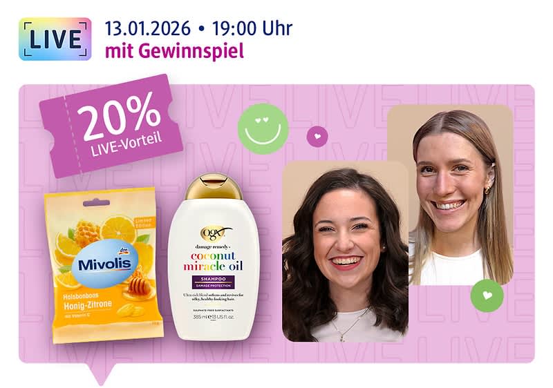 Live am 13.01.2026, 19:00 Uhr: Die Moderatorinnen Lena und Chiara lächeln in die Kamera, daneben das OGX Shampoo Coconut Miracle Oil und die Mivolis Halsbonbons Honig-Zitrone sowie ein 20 % Coupon und der Hinweis auf ein Gewinnspiel