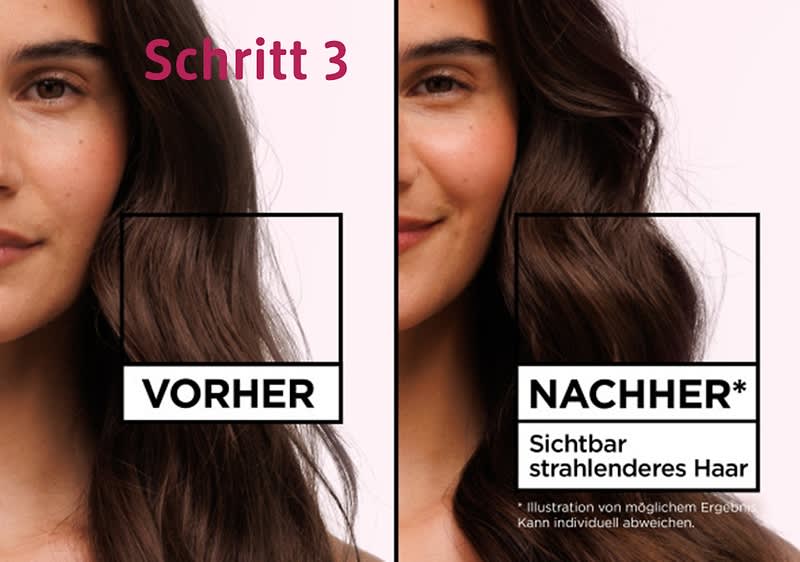 Links im Bild ist der Schriftzug „Vorher“ neben einer Frau mit langen, dunklen Haaren. Rechts steht „Nachher“ mit dem Text „Sichtbar strahlenderes Haar“. Darunter der Hinweis „*Illustration von möglichem Ergebnis. Kann individuell abweichen“.