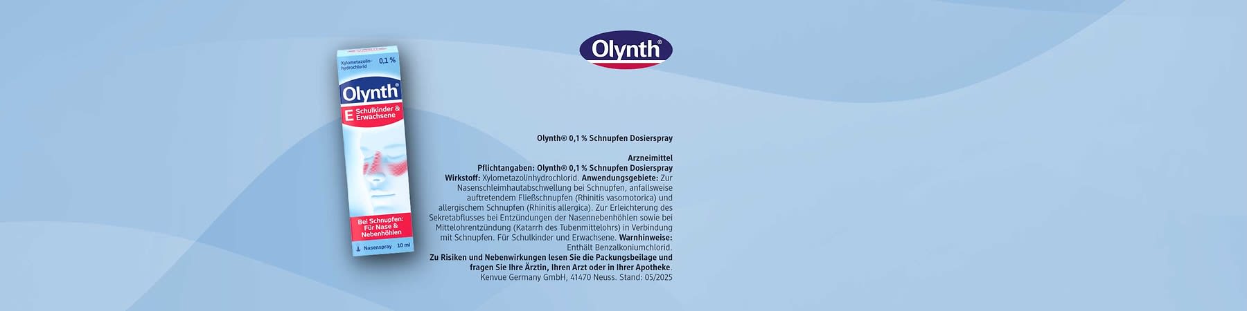 Packung des Nasensprays Olynth 0,1% Schnupfen Dosierspray mit Aufschrift Olynth, Zusatz Schulkinder & Erwachsene, Illustration eines Gesichts mit rot markierten Nasen- und Nebenhöhlen, Hinweis Bei Schnupfen: Für Nase & Nebenhöhlen, Volumenangabe 10 ml und Zylometazolinhydrochlorid als Wirkstoff, rechts oben das Olynth-Logo